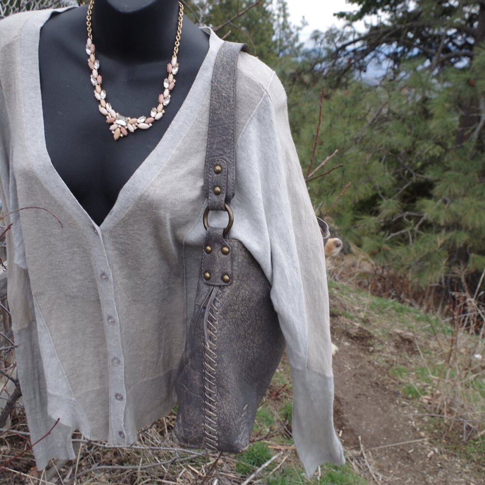 Great Charcoal Gray Distressed Leather Boho Purse By Nino Bossi